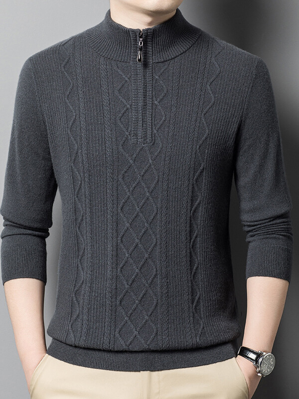 Men's Classic Mock Neck Quarter Zip Cashmere Cable Knit Sweater