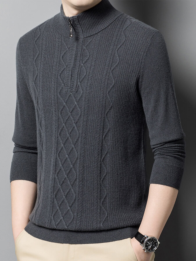 Men's Classic Mock Neck Quarter Zip Cashmere Cable Knit Sweater