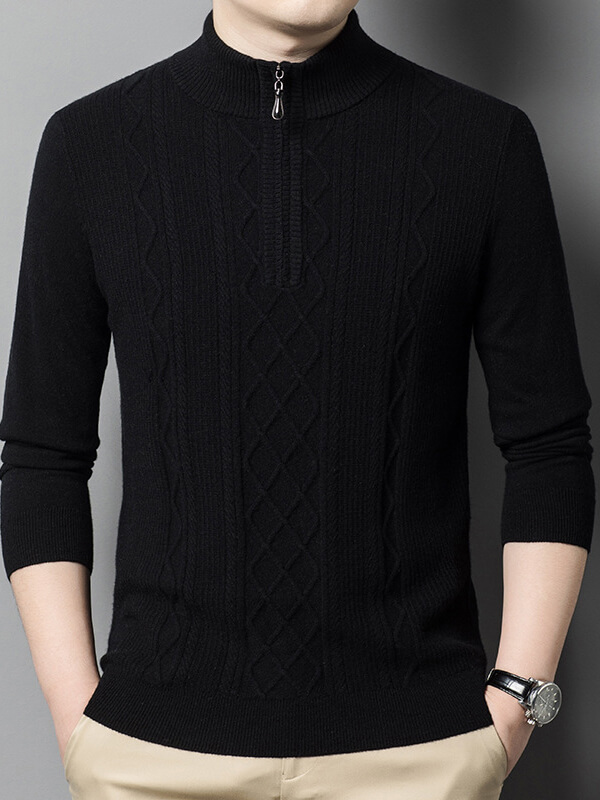 Men's Classic Mock Neck Quarter Zip Cashmere Cable Knit Sweater