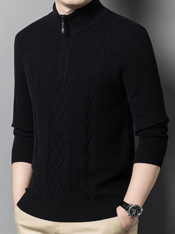 Men's Classic Mock Neck Quarter Zip Cashmere Cable Knit Sweater