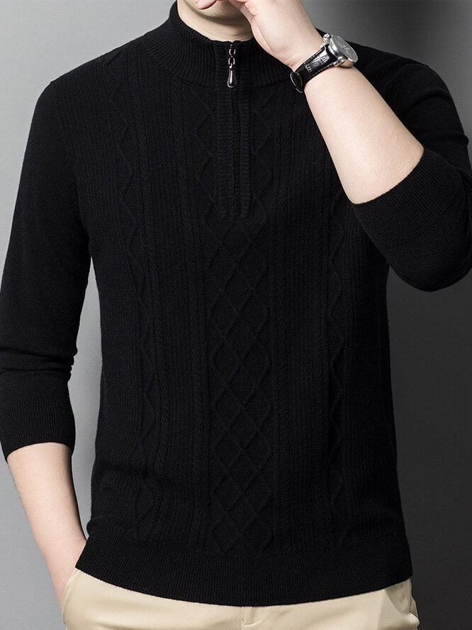 Men's Classic Mock Neck Quarter Zip Cashmere Cable Knit Sweater