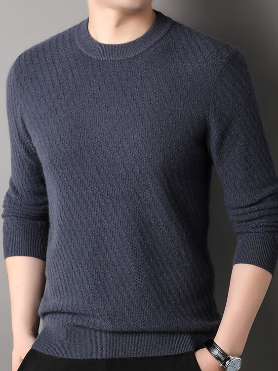 Men's Classic Herringbone Knit Premium Cashmere Crewneck Sweater