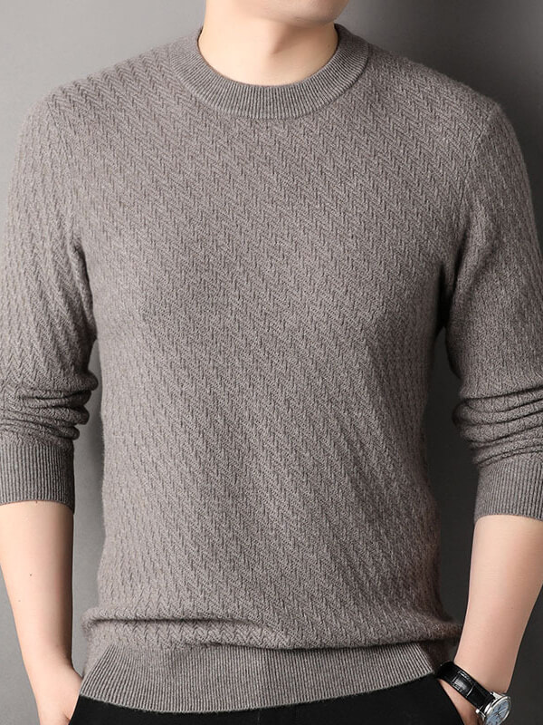 Men's Classic Herringbone Knit Premium Cashmere Crewneck Sweater