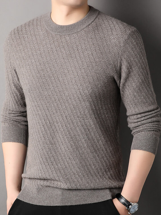 Men's Classic Herringbone Knit Premium Cashmere Crewneck Sweater