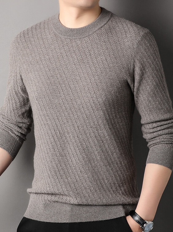 Men's Classic Herringbone Knit Premium Cashmere Crewneck Sweater