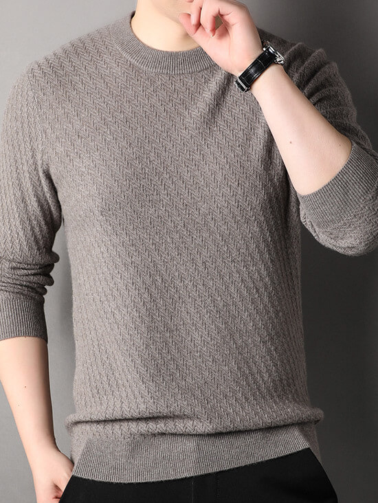 Men's Classic Herringbone Knit Premium Cashmere Crewneck Sweater