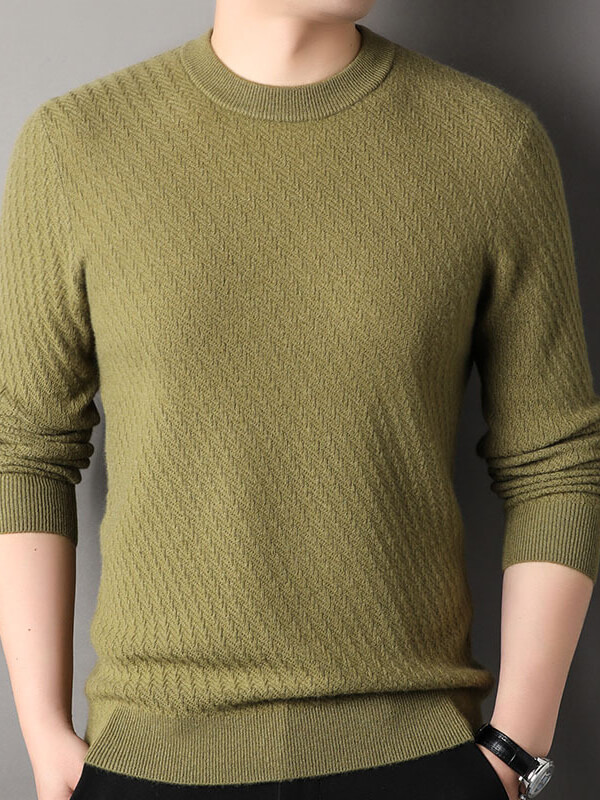 Men's Classic Herringbone Knit Premium Cashmere Crewneck Sweater