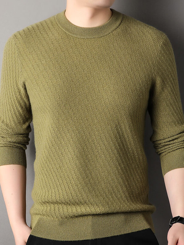 Men's Classic Herringbone Knit Premium Cashmere Crewneck Sweater