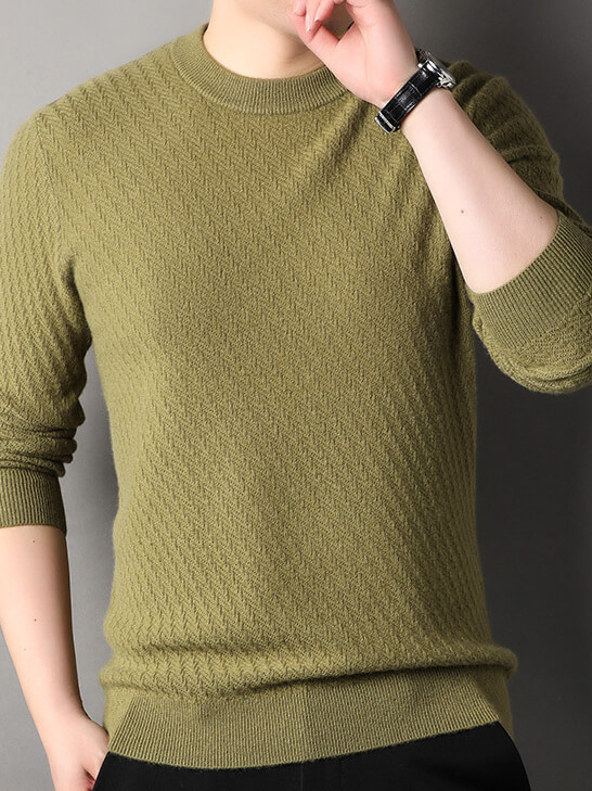 Men's Classic Herringbone Knit Premium Cashmere Crewneck Sweater