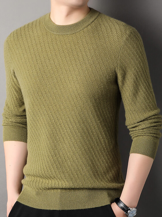 Men's Classic Herringbone Knit Premium Cashmere Crewneck Sweater