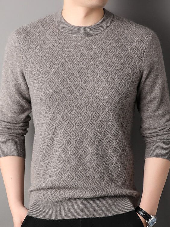 Luxurious Diamond Knit Crew Neck Cashmere Sweater for Men