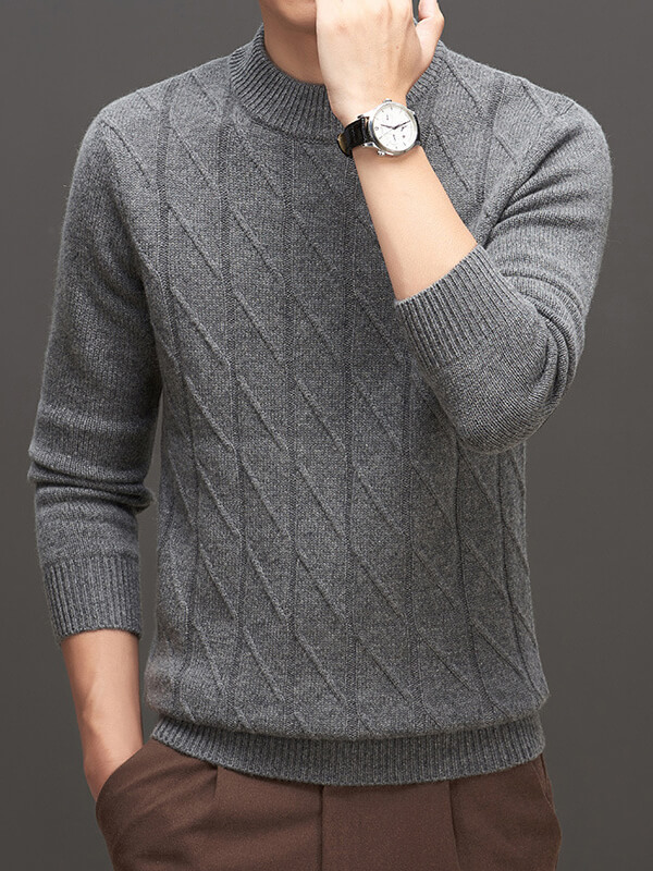 Men's Classic Ribbed Mock Neck Cashmere Pullover Sweater